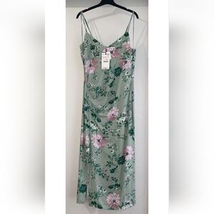 Zara Sage Green Floral Slip Dress with Pink Blooms